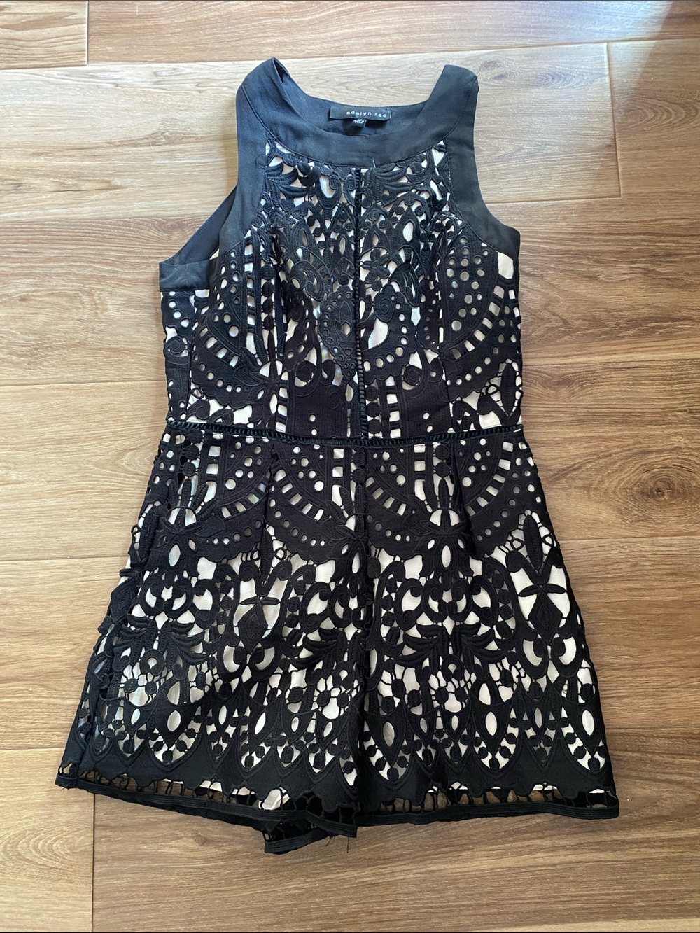 Aqua Black Lace Overlay Mini Dress with Nude Lining